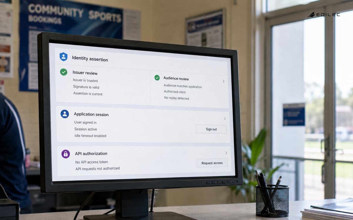 Close editorial photograph of a black opaque LCD in a community sports booking office, real housing and stand visible.