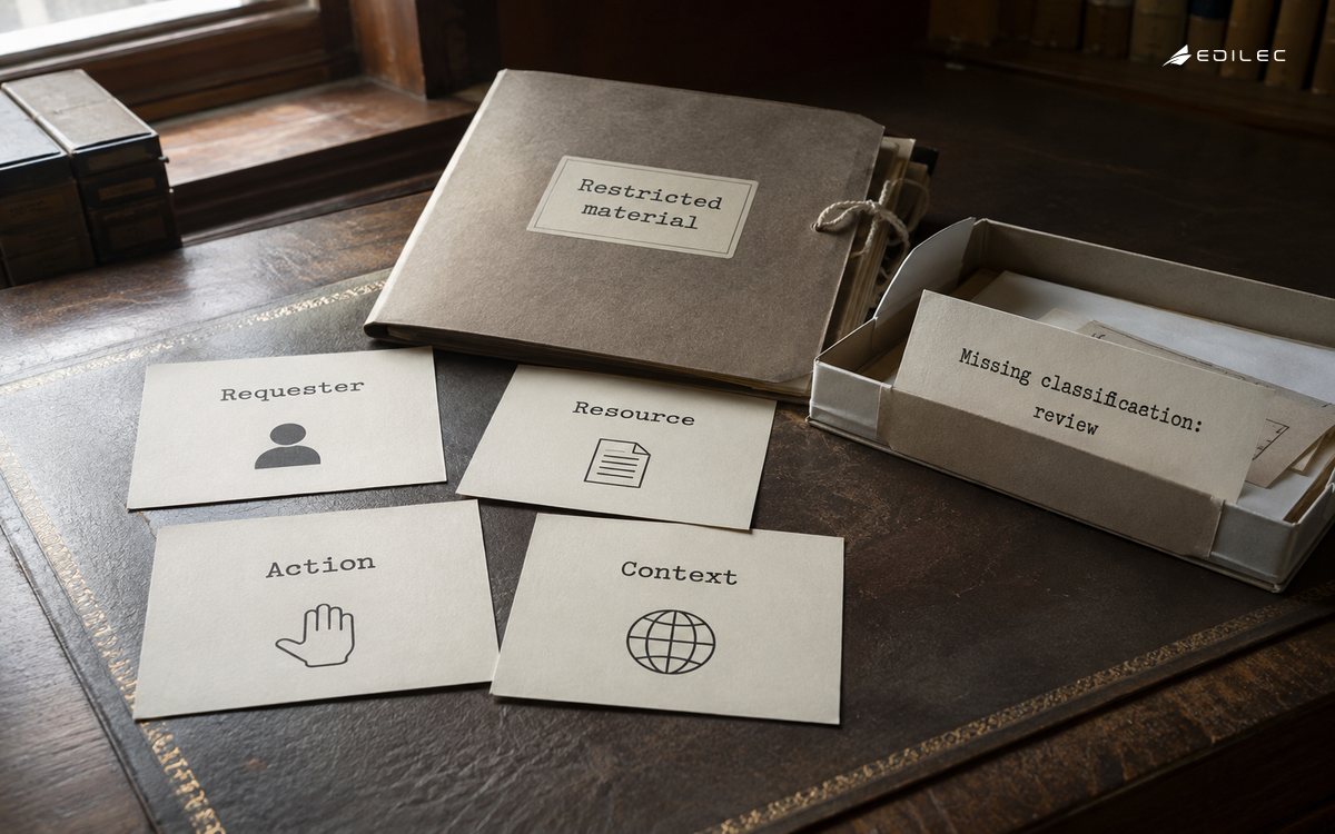 Four governed attribute cards surround a restricted folder held for classification review.