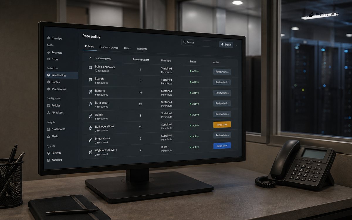 Photograph of a real opaque widescreen monitor with visible bezel and weighted base, in a quiet service operations booth. Detailed fictional policy inspector with resource groups and neutral states, screen about half frame.