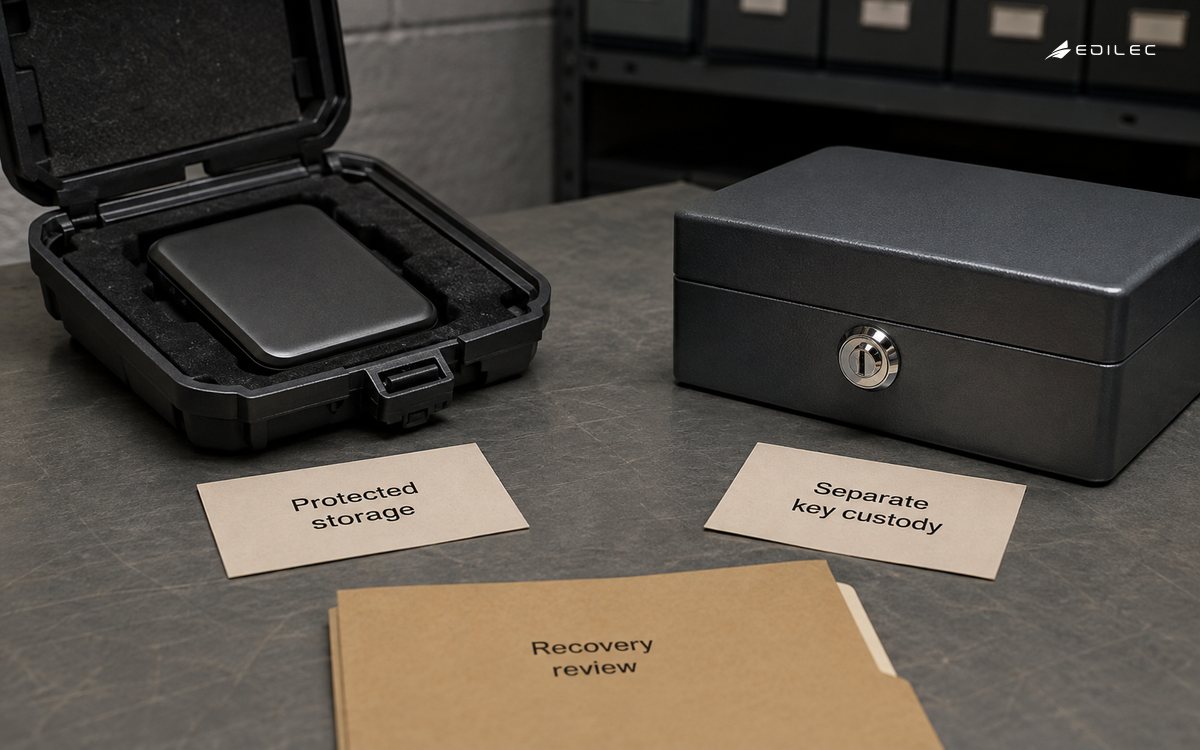 A protected storage drive and separate locked custody box illustrate data and key separation.
