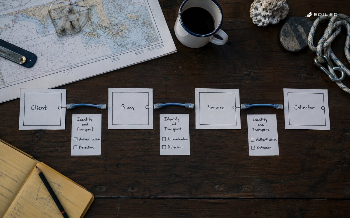 A paper connection inventory marks identity and transport checks at each hop.