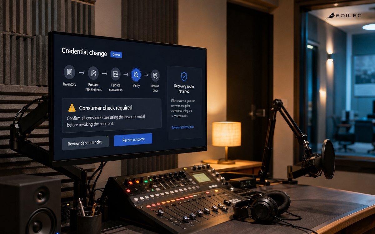 An audio production booth shows a credential-change review beside its service-dependent equipment.