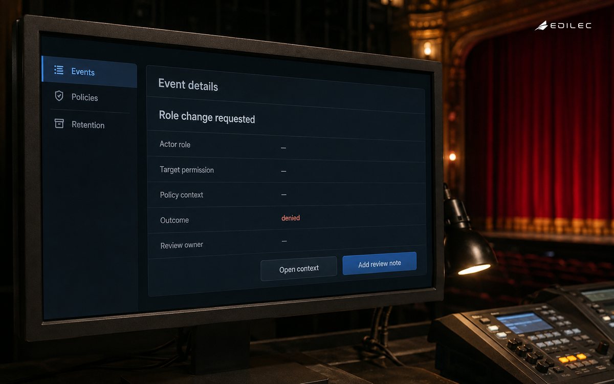 A theater booth monitor shows the context and denied outcome of a role-change request.
