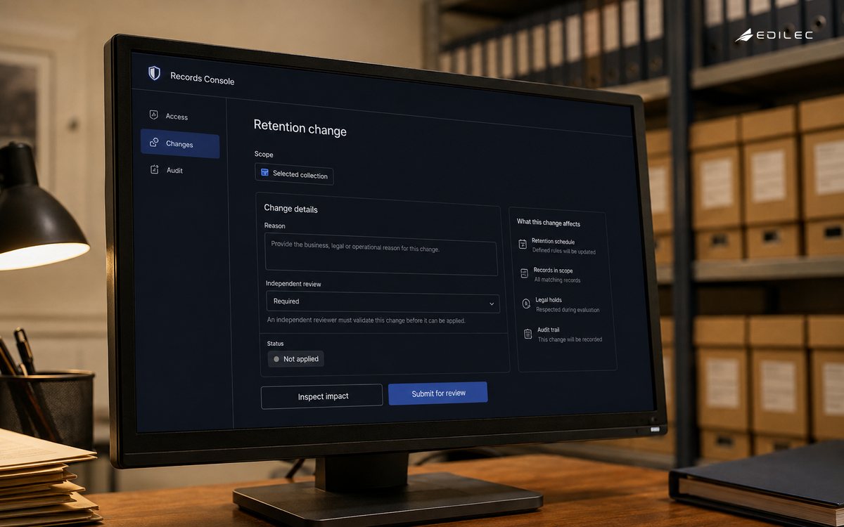A museum admin panel holds a scoped retention change for a reason and independent review.