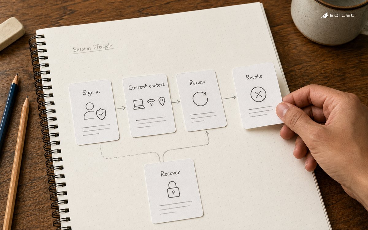 Top-down photograph of session lifecycle cards in a security design notebook, a hand laying a revoke card beside sign-in and context review cards. Fine pencil connection lines, no electronic display.