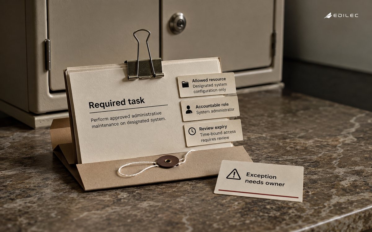 An access-review packet links a required task to an allowed resource, accountable role and expiry review.