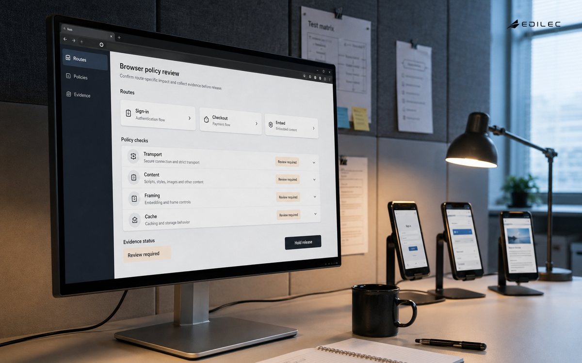 A browser-policy release review on a physical monitor groups routes, policy boundaries and evidence.
