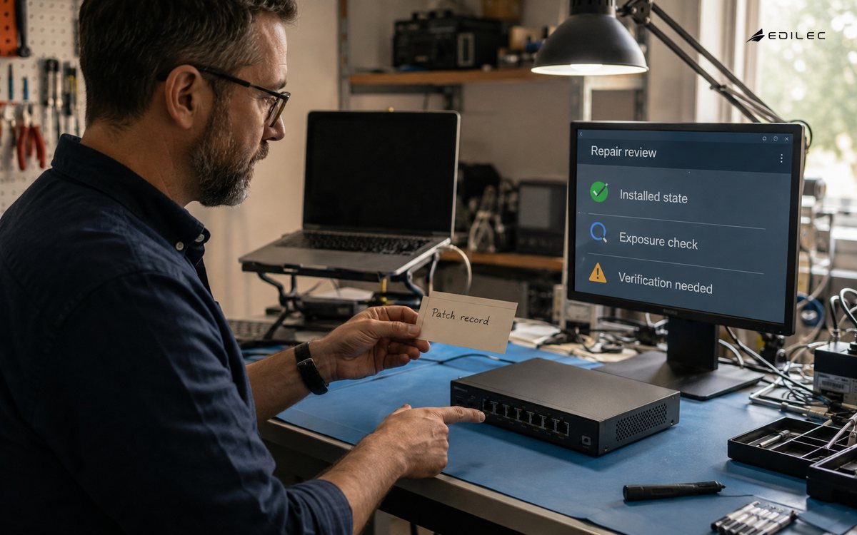 A technician compares a patch record with a serviced appliance and its verification view.