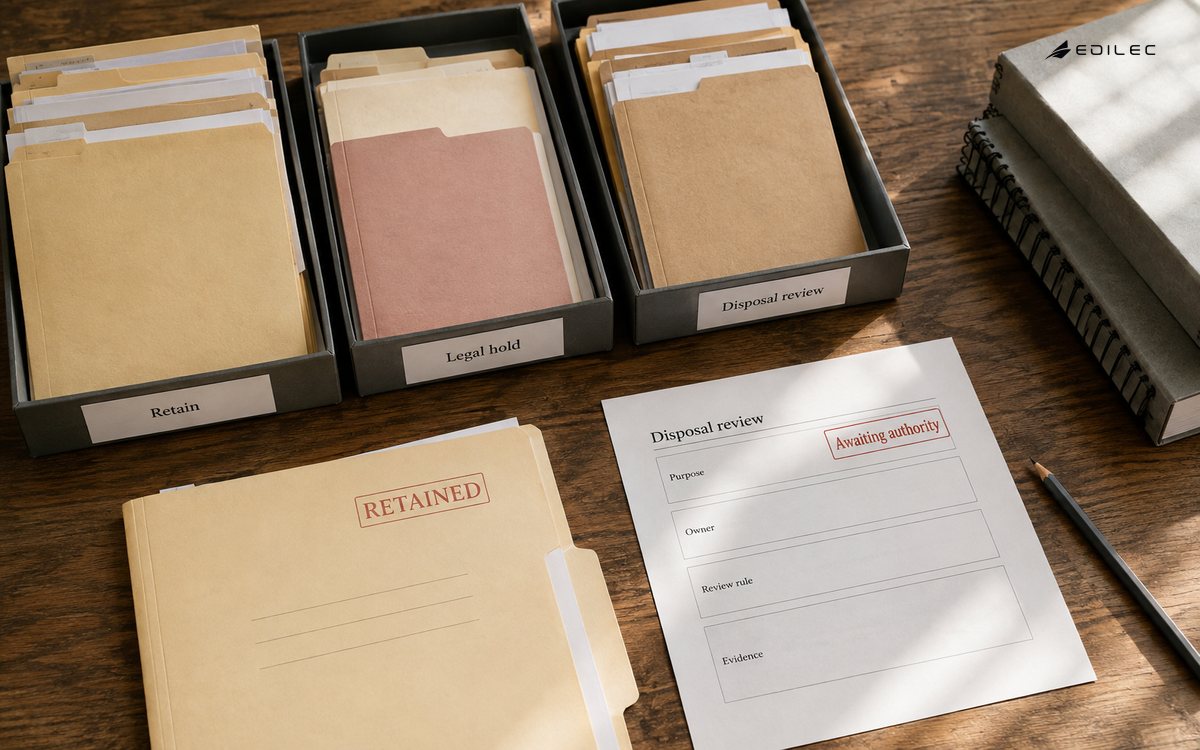Archive folders are separated into retention, legal hold and disposal review trays.