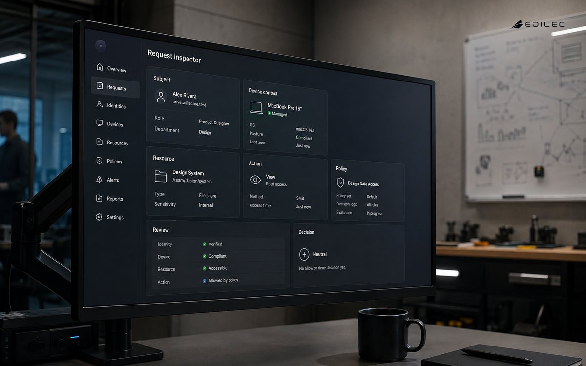 Three-quarter photograph of a manufactured opaque monitor with visible bezel and desk arm in a secure design studio. Detailed fictional request inspector about half frame, grouped policy and device context cards with neutral decision state.