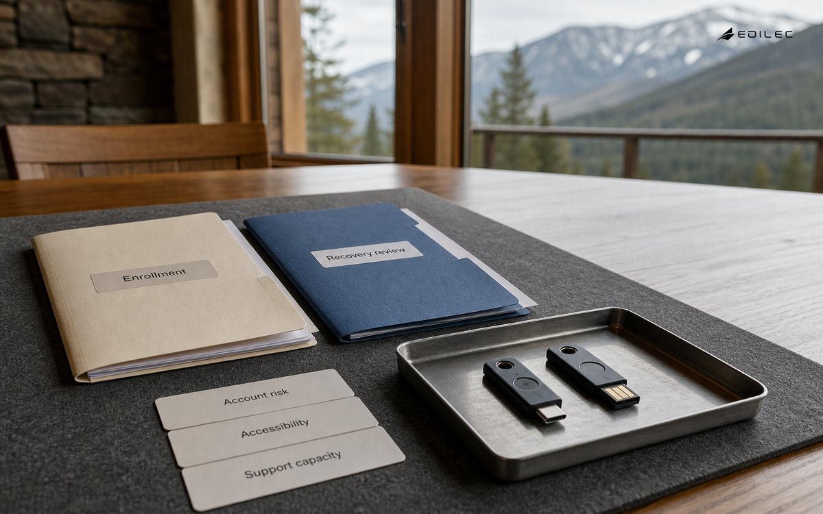 Security keys sit beside distinct enrollment and recovery-review folders with rollout planning cards.