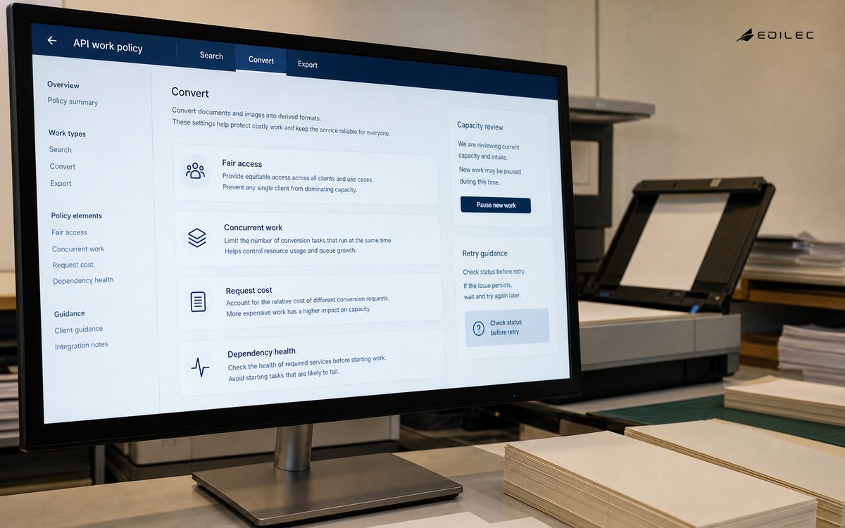 A conversion-service policy screen links fair access, bounded work and retry guidance.