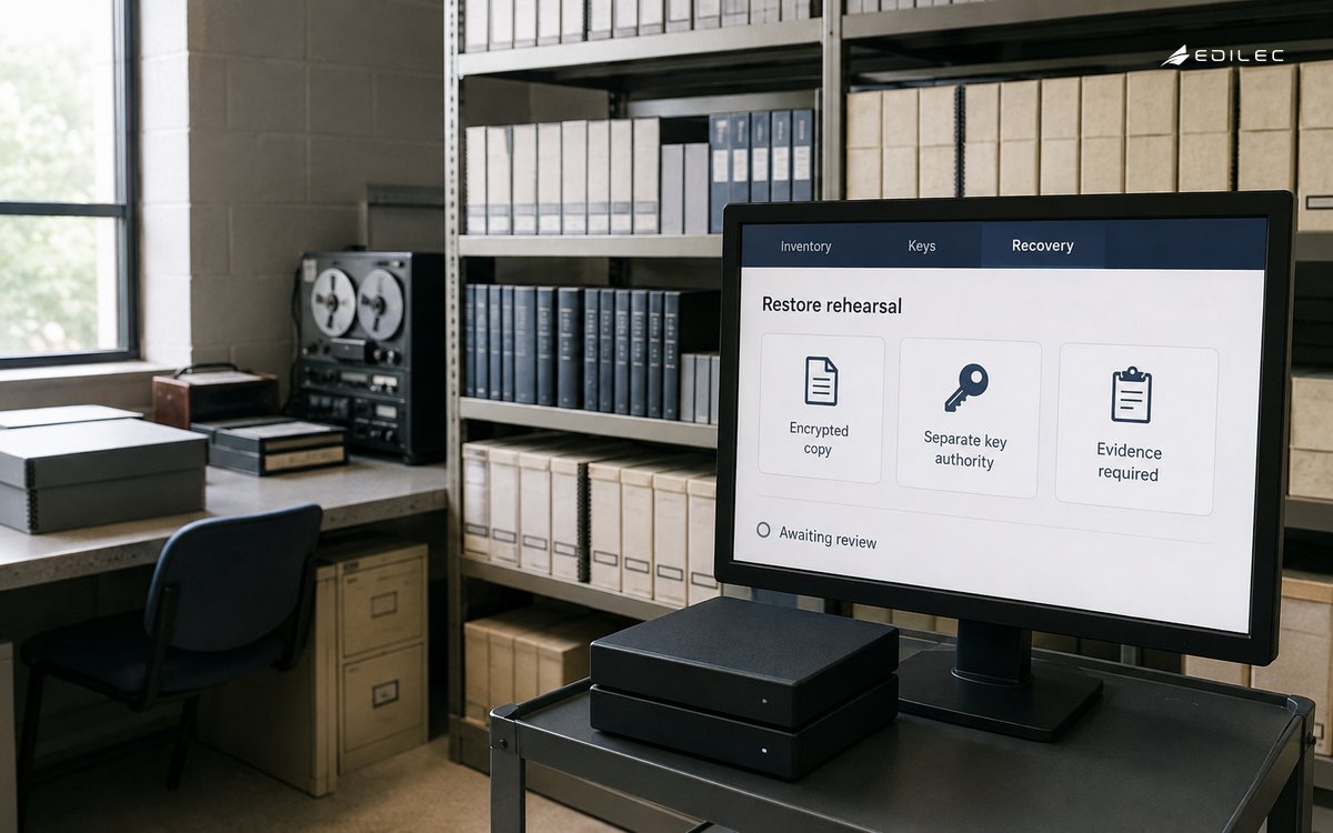 An archival digitization room pairs backup media with an encryption recovery review.