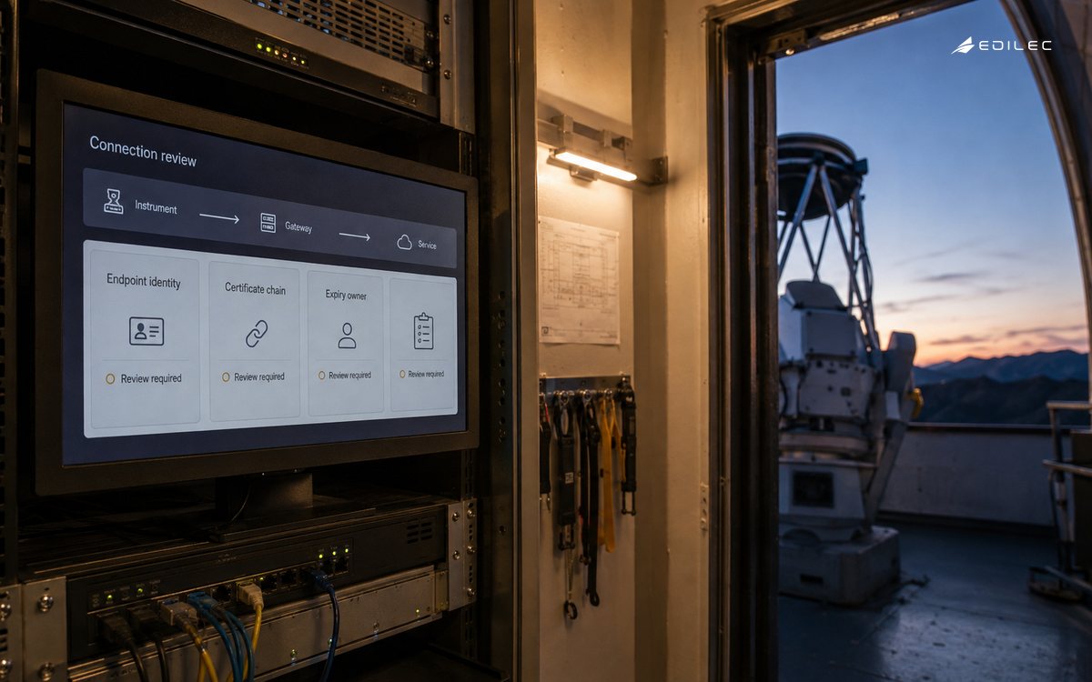 An observatory control alcove shows a connection route and certificate review responsibilities.