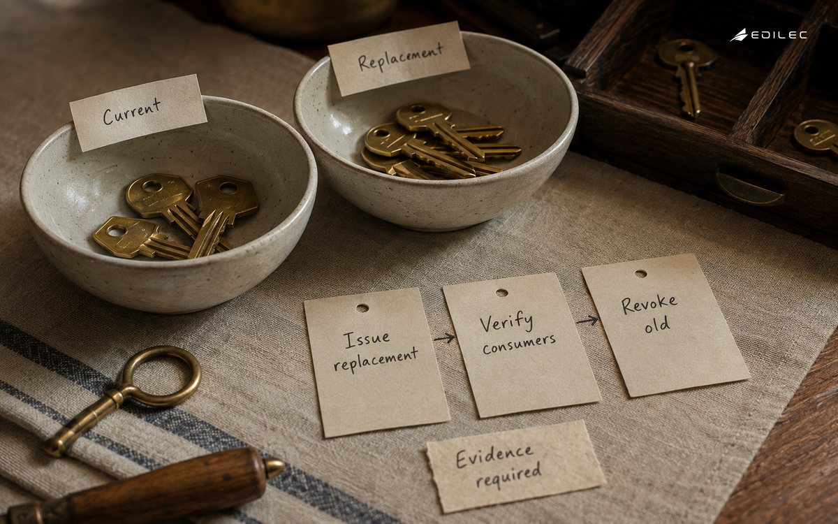 Separated current and replacement keys illustrate a rotation sequence awaiting evidence.