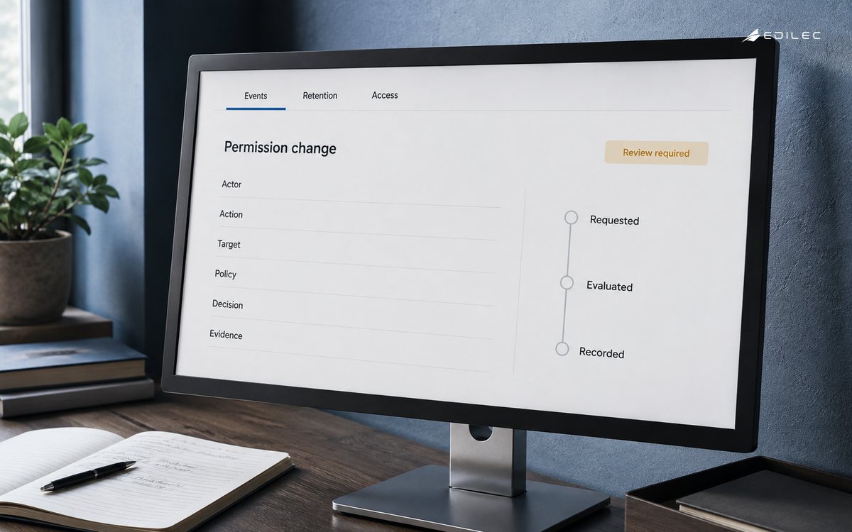 An audit-event inspector separates the request, policy decision and retained evidence.