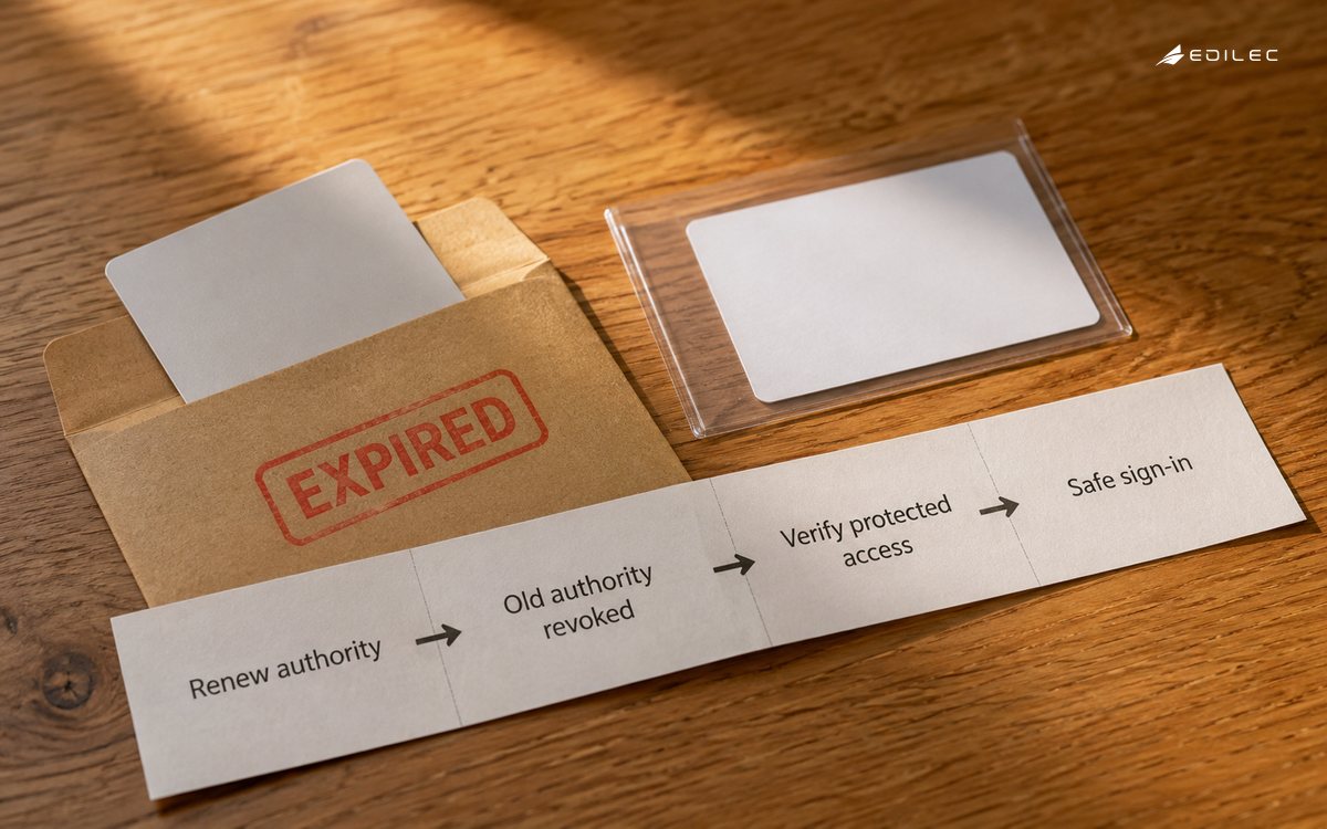 Separate old and renewed access-card props illustrate revocation as a distinct session-lifecycle check.