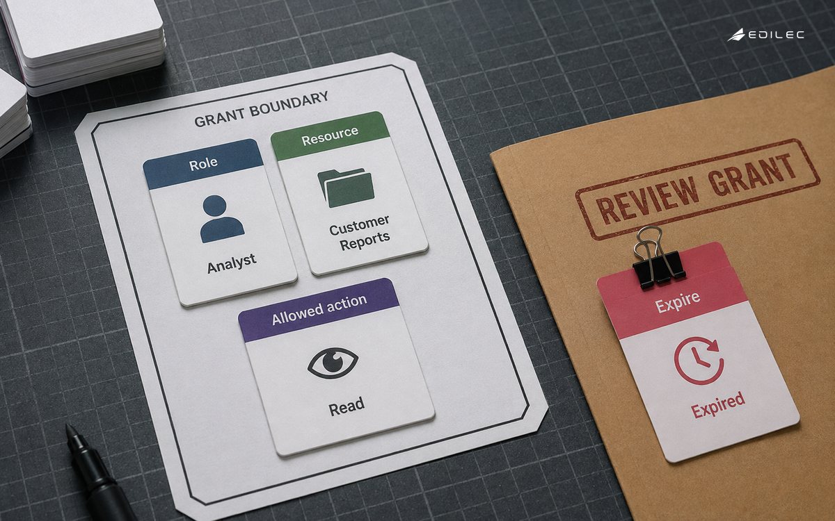 Top-down photograph of role, resource and action cards arranged within a printed grant-boundary outline on a workshop mat, expired-grant card clipped to review folder.