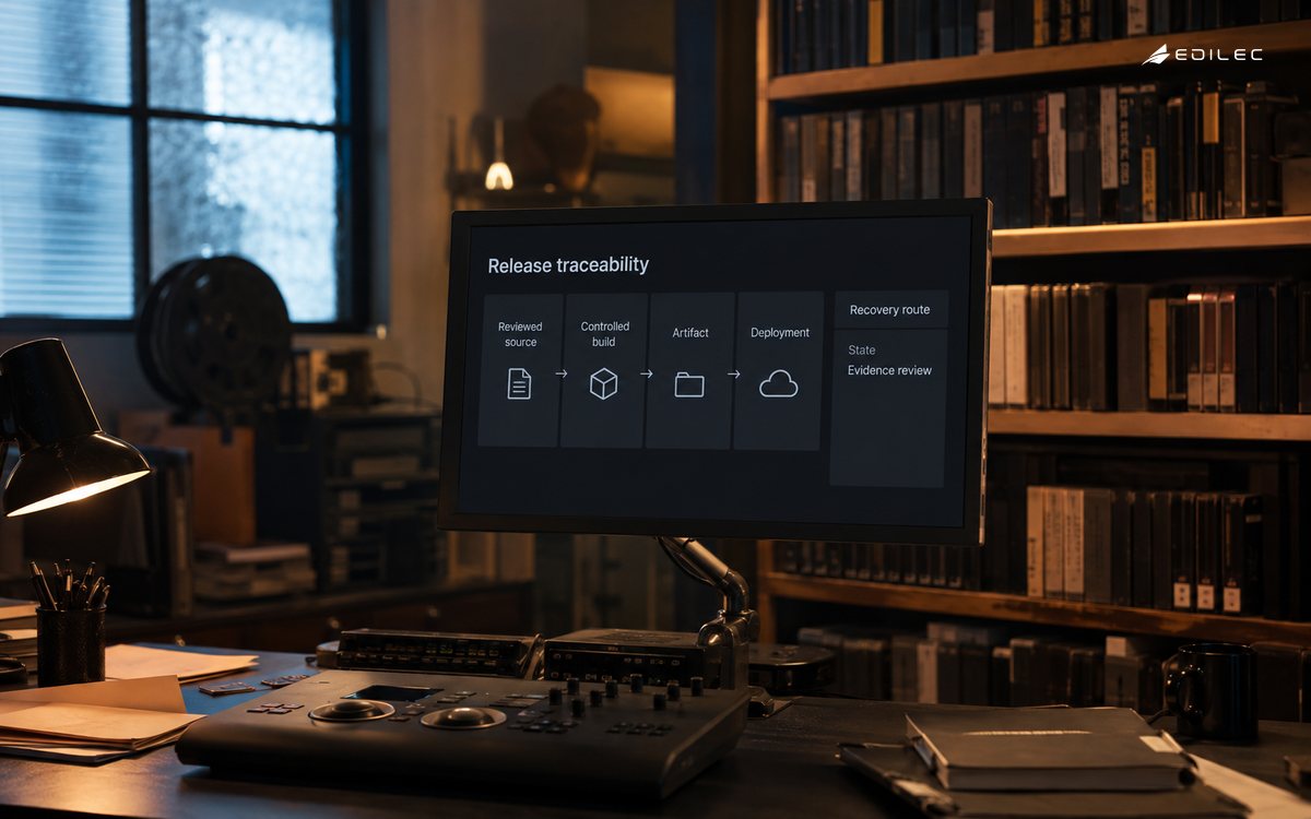 A delivery-room review station shows source-to-release traceability and a recovery route.