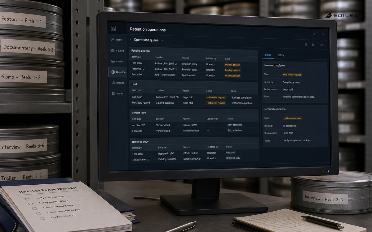An archive retention queue distinguishes held records, retries and restored copies.