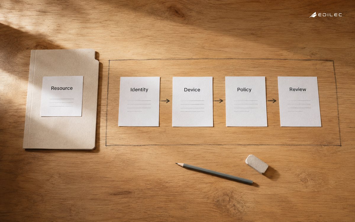 A resource folder sits behind identity, device and policy review cards.