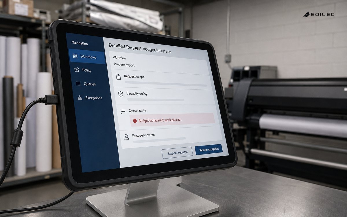 A request-budget view pauses an export and exposes its scope and recovery owner.