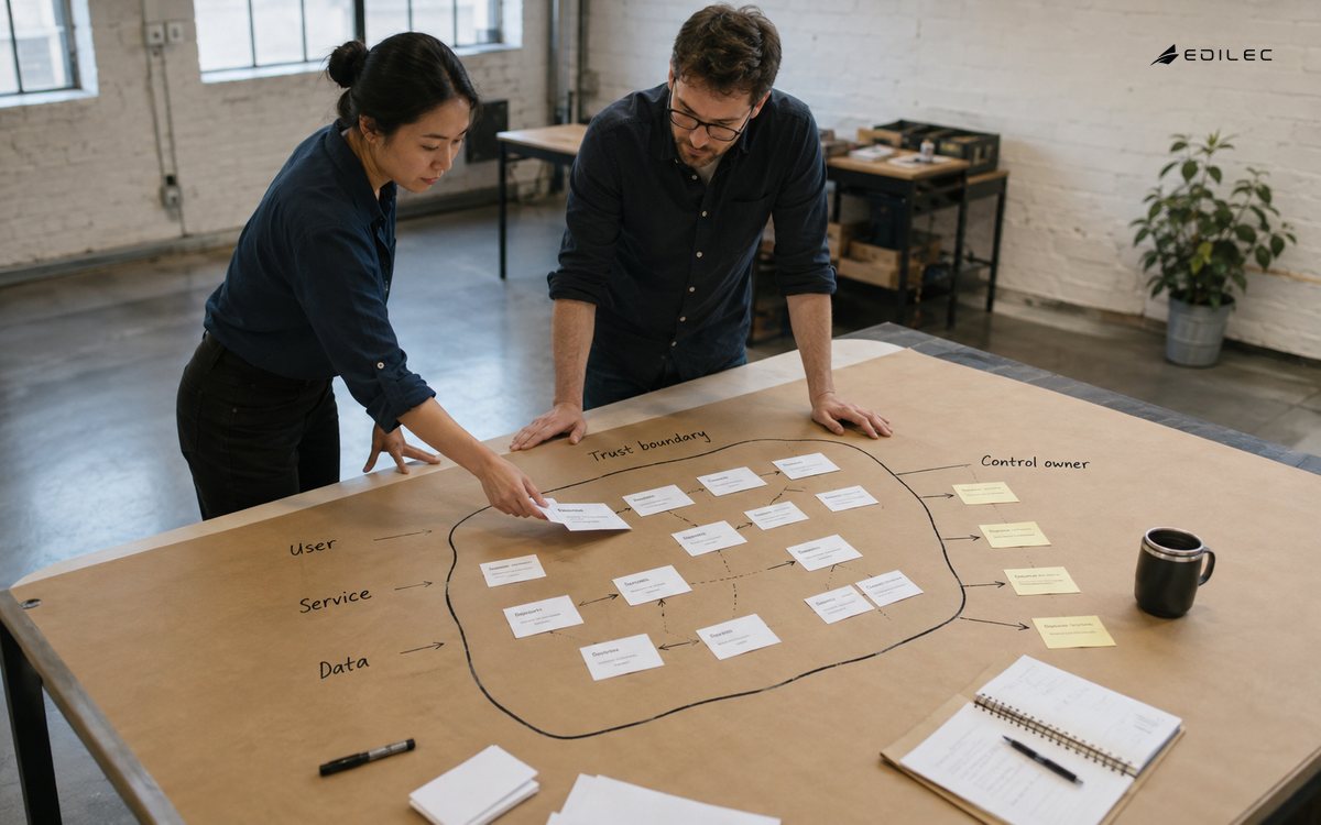 A team maps a service trust boundary with physical cards and ownership notes.