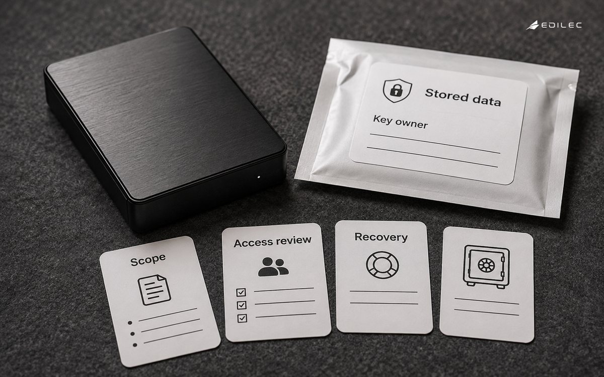 Macro editorial photo of blank unbranded storage drive enclosure and sealed key-custody envelope on dark felt, paired with scope and recovery review cards.