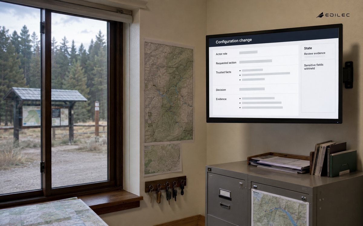 An audit review screen sits beside a ranger office records cabinet.