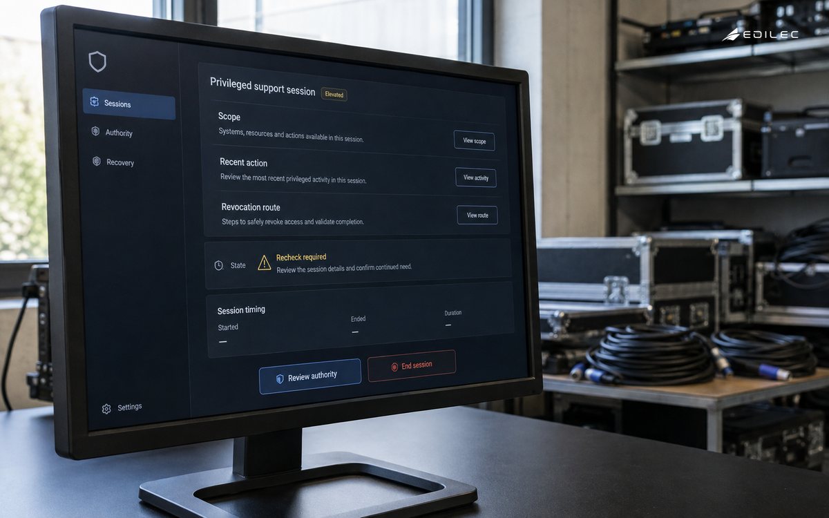 An equipment-service office monitor shows a privileged session requiring authority review.