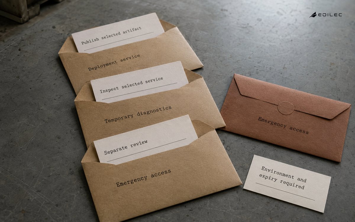 Task envelopes pair deployment, diagnostics and emergency access with different permission scopes.