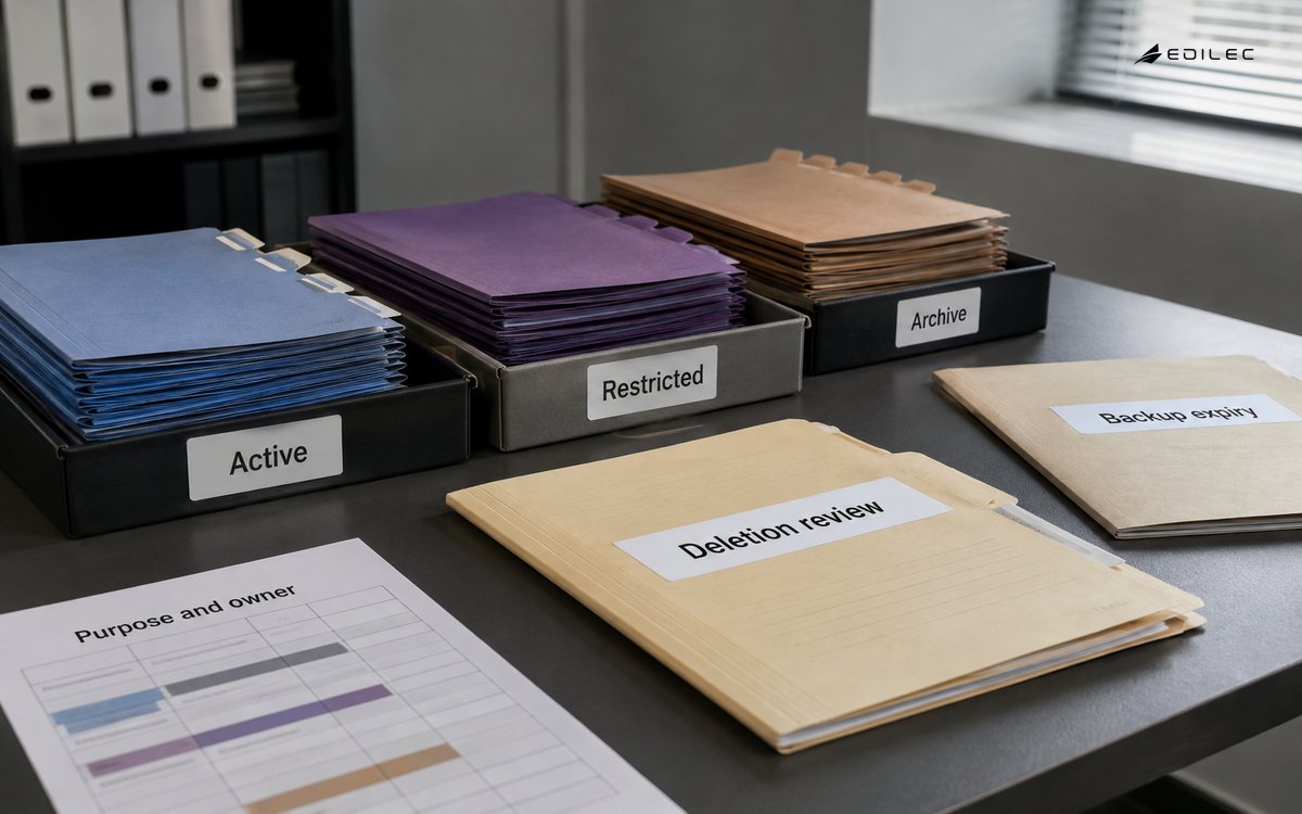 Retention folders separate active records, restricted records, deletion review and backup expiry.
