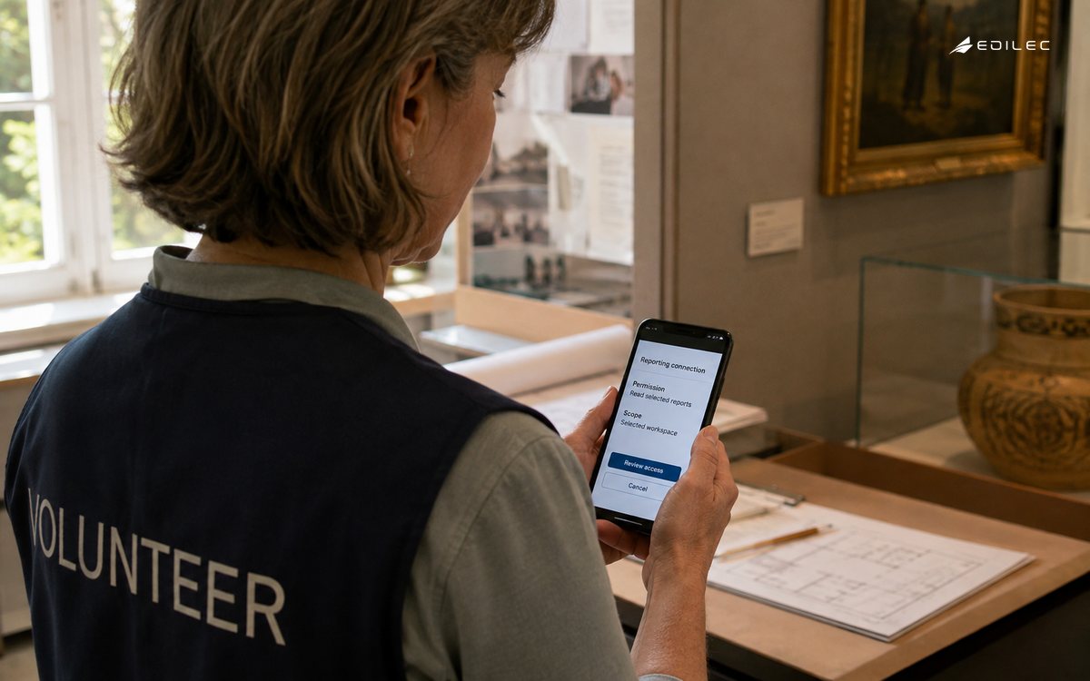 A standing volunteer reviews read-only access for selected workspace reports.