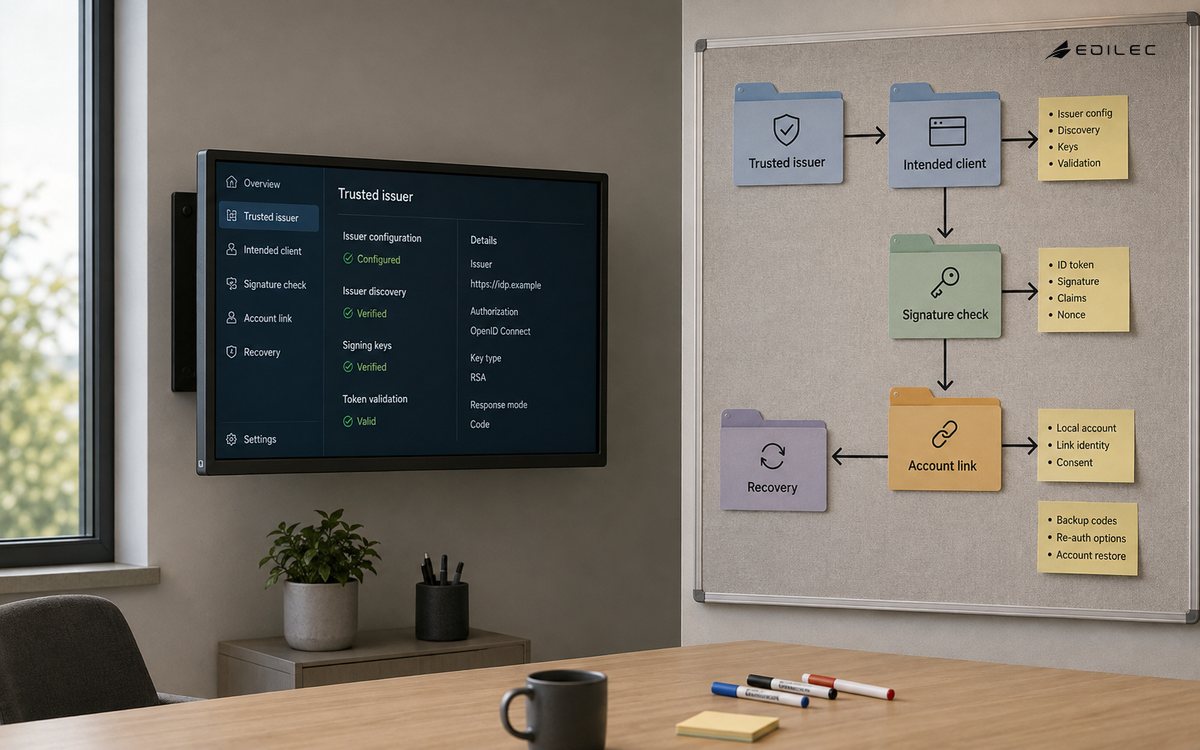 Medium empty identity integration review room with issuer-trust and account-linking folders, small opaque monitor mounted in visible housing beside a fabric flow board.
