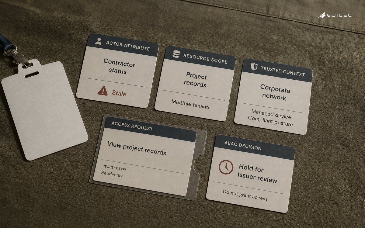 An access request is held beside a stale contractor attribute and issuer-review card.