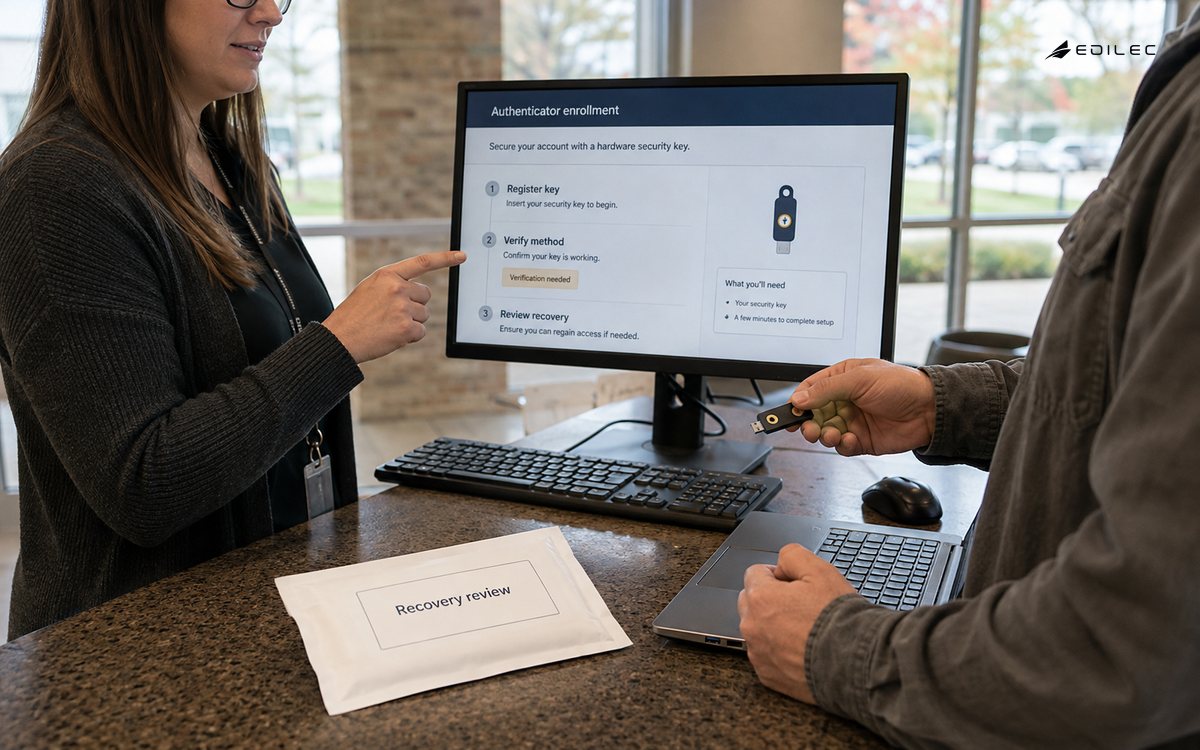 Standing staff review a hardware authenticator enrollment beside a separate recovery-review envelope.