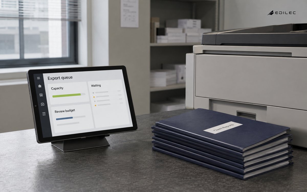 Medium environmental photograph in a print-service back office, supported tablet near a closed printer and neatly stacked report folders, cool window light; screen small but clear.