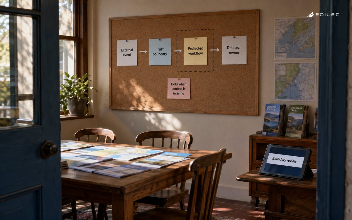A planning room board marks an external-event trust boundary and a protected workflow owner.