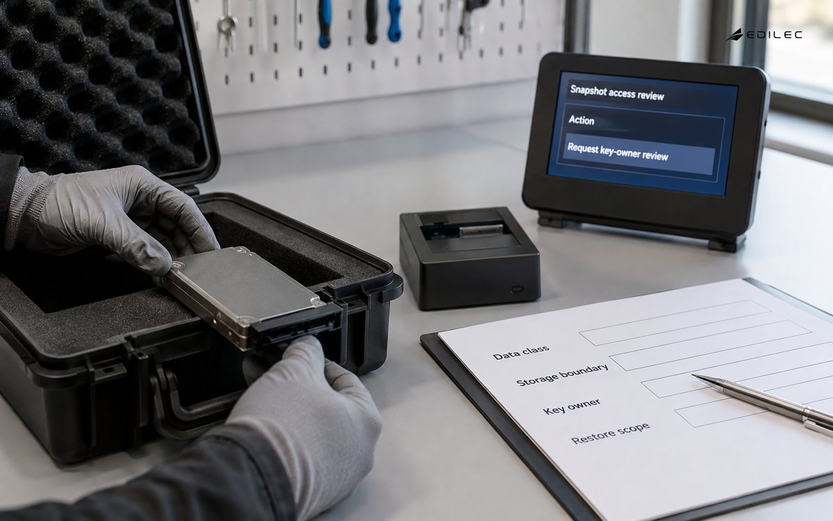 A development snapshot review keeps key ownership and storage scope beside a removable drive.