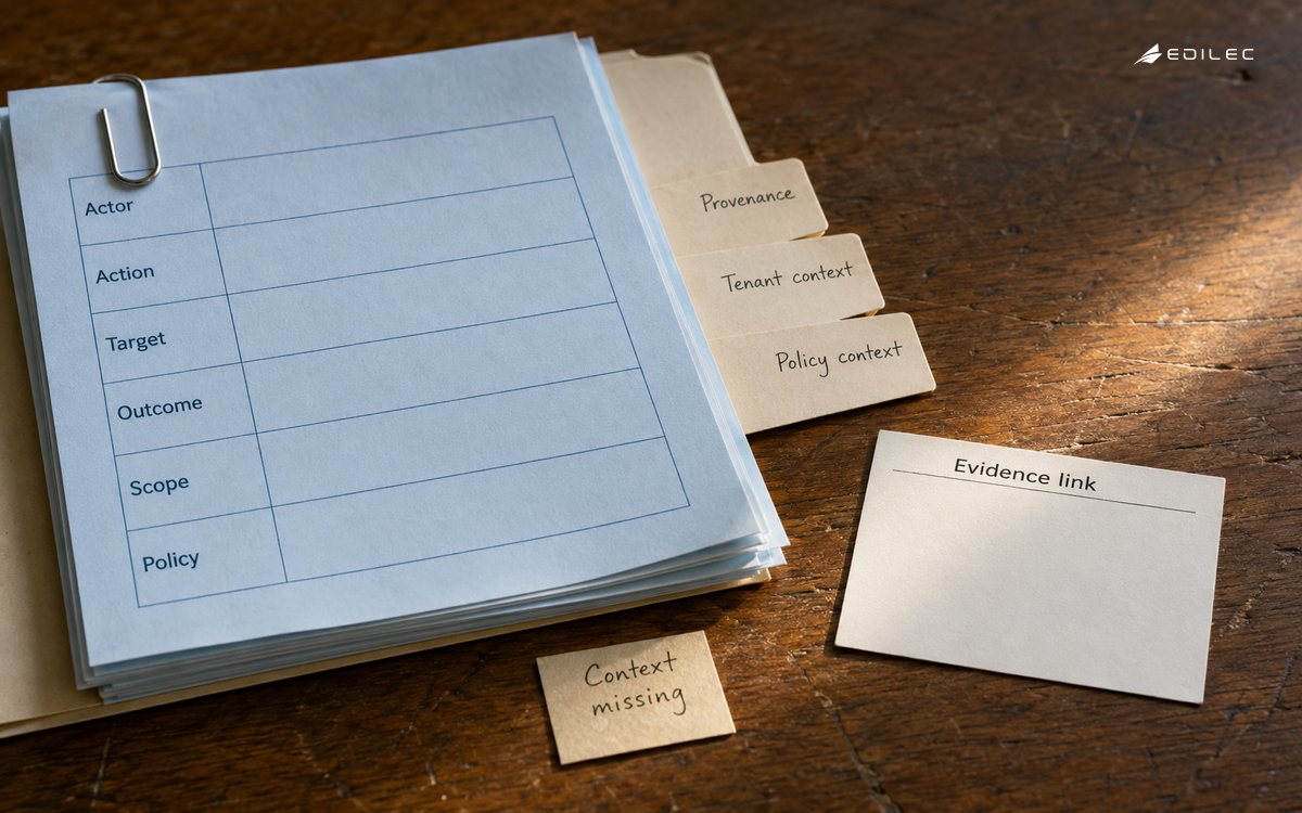 Linked audit forms preserve actor, action, target and policy fields while marking missing context.