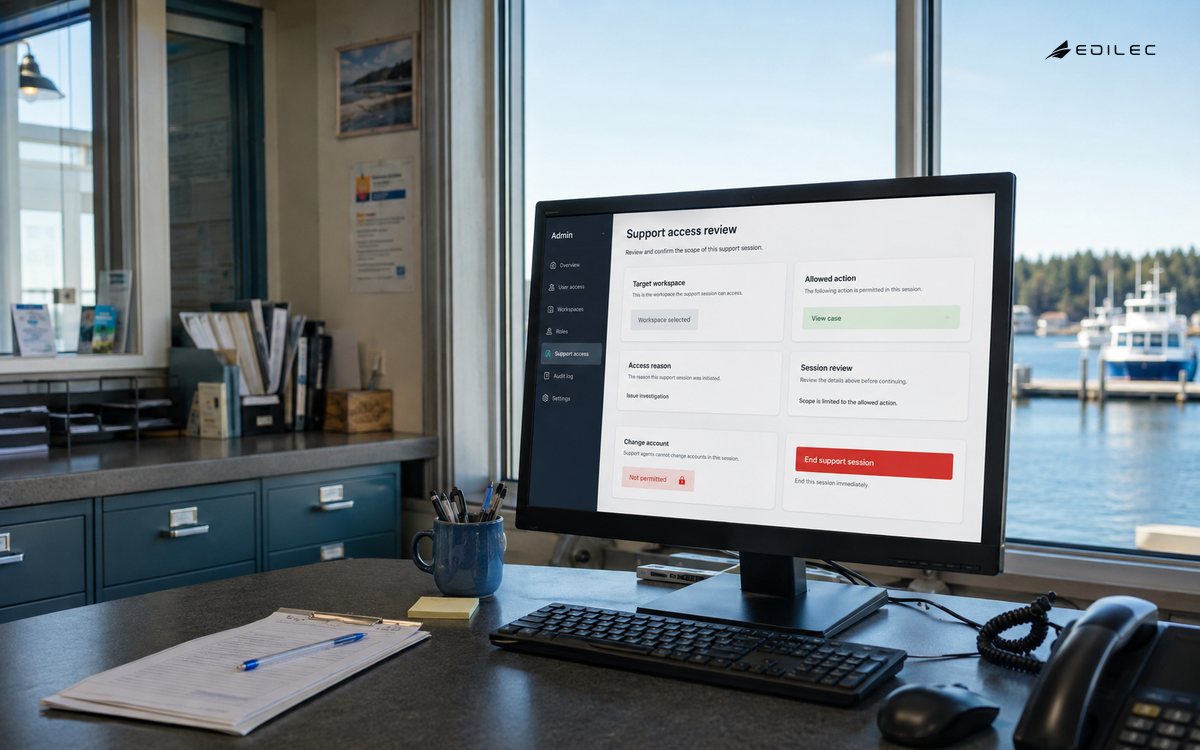 A ferry service office displays a support session limited to viewing a case, with account changes unavailable.