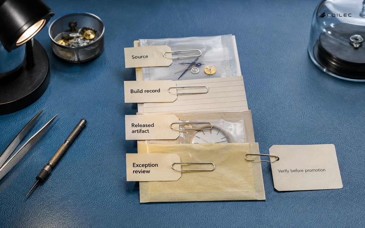 A sealed parts envelope and linked origin records illustrate artifact provenance and exception review.