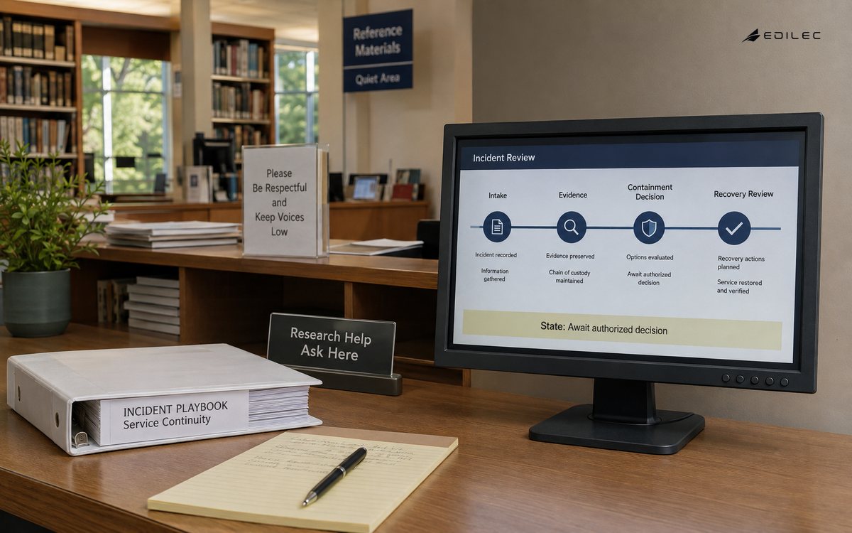 A library continuity room with evidence and containment decisions under review.