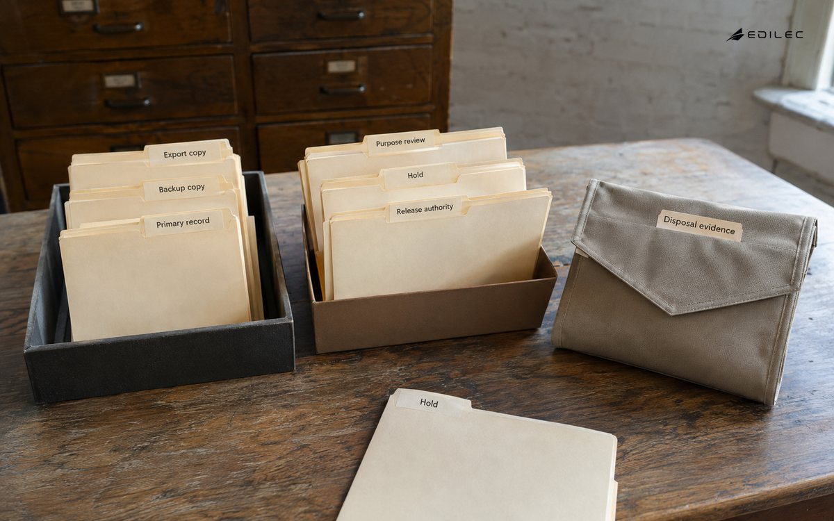 An archive review separates record copies, a hold and disposal evidence.