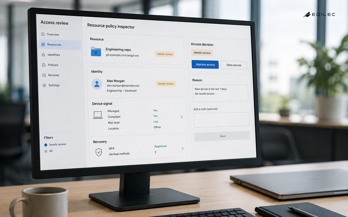 Editorial view of an opaque LCD monitor with black bezel and visible support in a bright access review office, resource policy inspector and reason panel.
