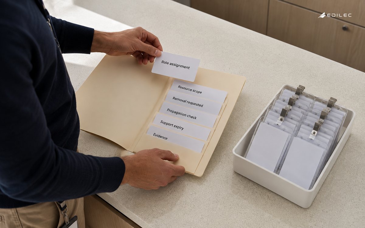 A coordinator reviews role removal and propagation evidence at an access-services counter.