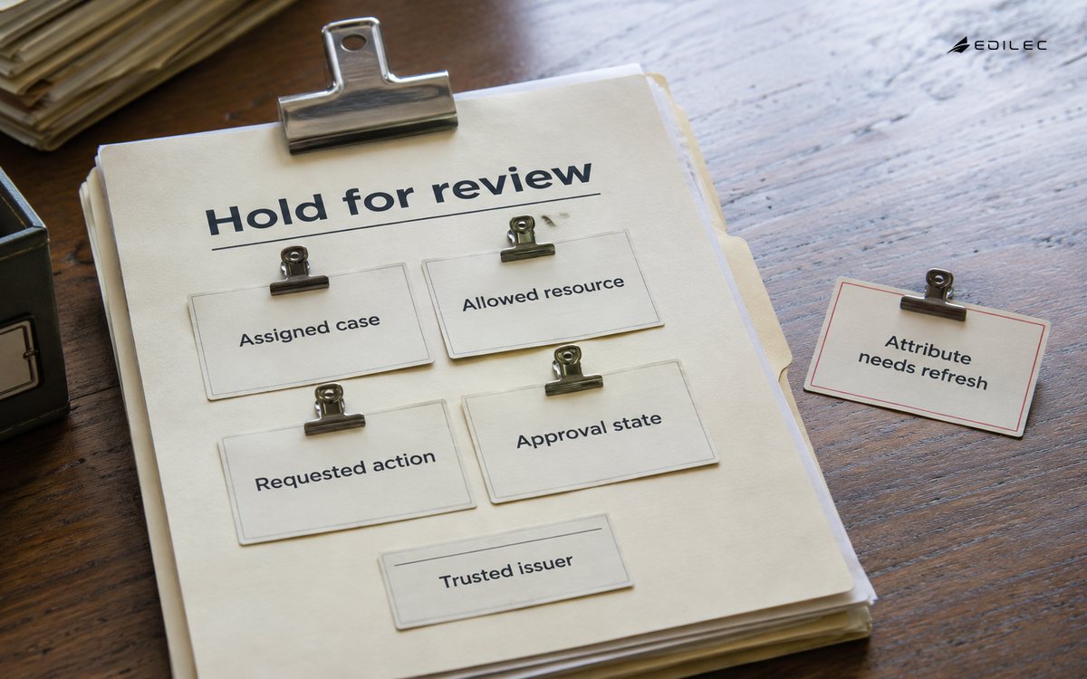 An attribute-policy packet holds an access review while a source attribute needs refreshing.