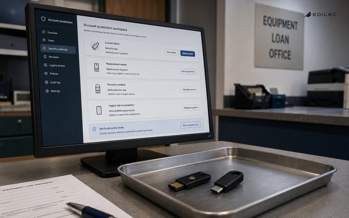 An account-protection workspace reviews factor replacement and recovery.