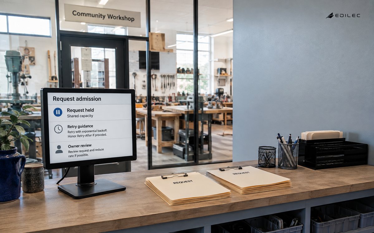 Wide photograph of a community workshop appointment desk, tools and blank request folders.
