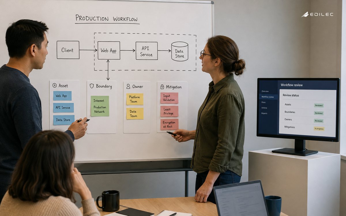 Medium photo of a product risk workshop, a whiteboard showing a simple resource flow and physical boundary cards; small monitor on a pedestal shows review status.